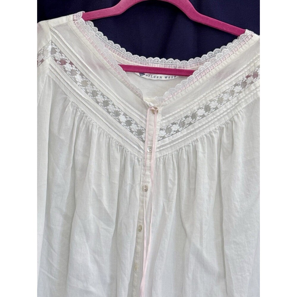 NWOT Vtg 80s Eileen West White Cotton Lawn Nightgown Pockets Lace L Prairecore - Picture 3 of 14